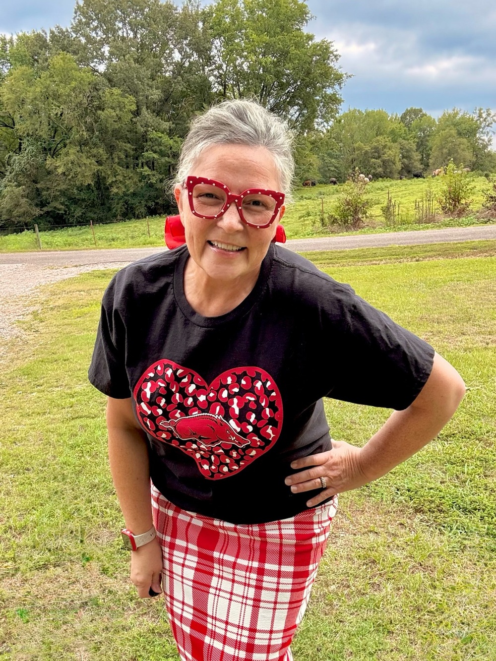 Hanes Black Short Sleeve Tee with Red Leopard Heart and Arkansas Razorback